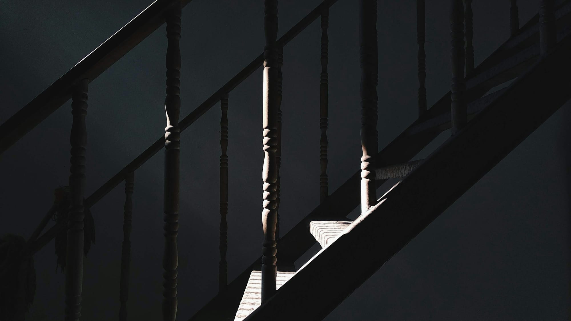 A close-up side view of a skeletal staircase. The photograph is dark but for a ray of sunlight on two steps.